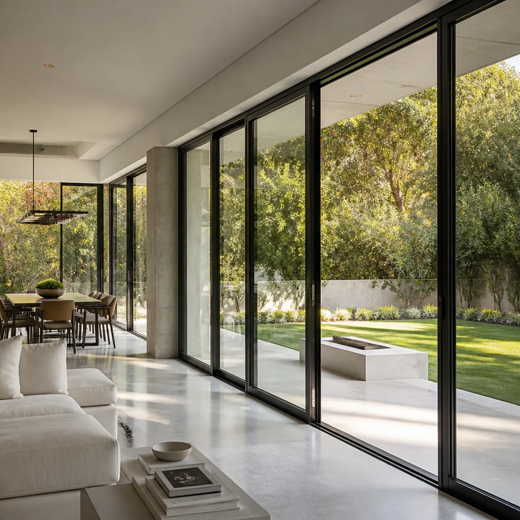 Modern glass patio door installation in a contemporary home living room