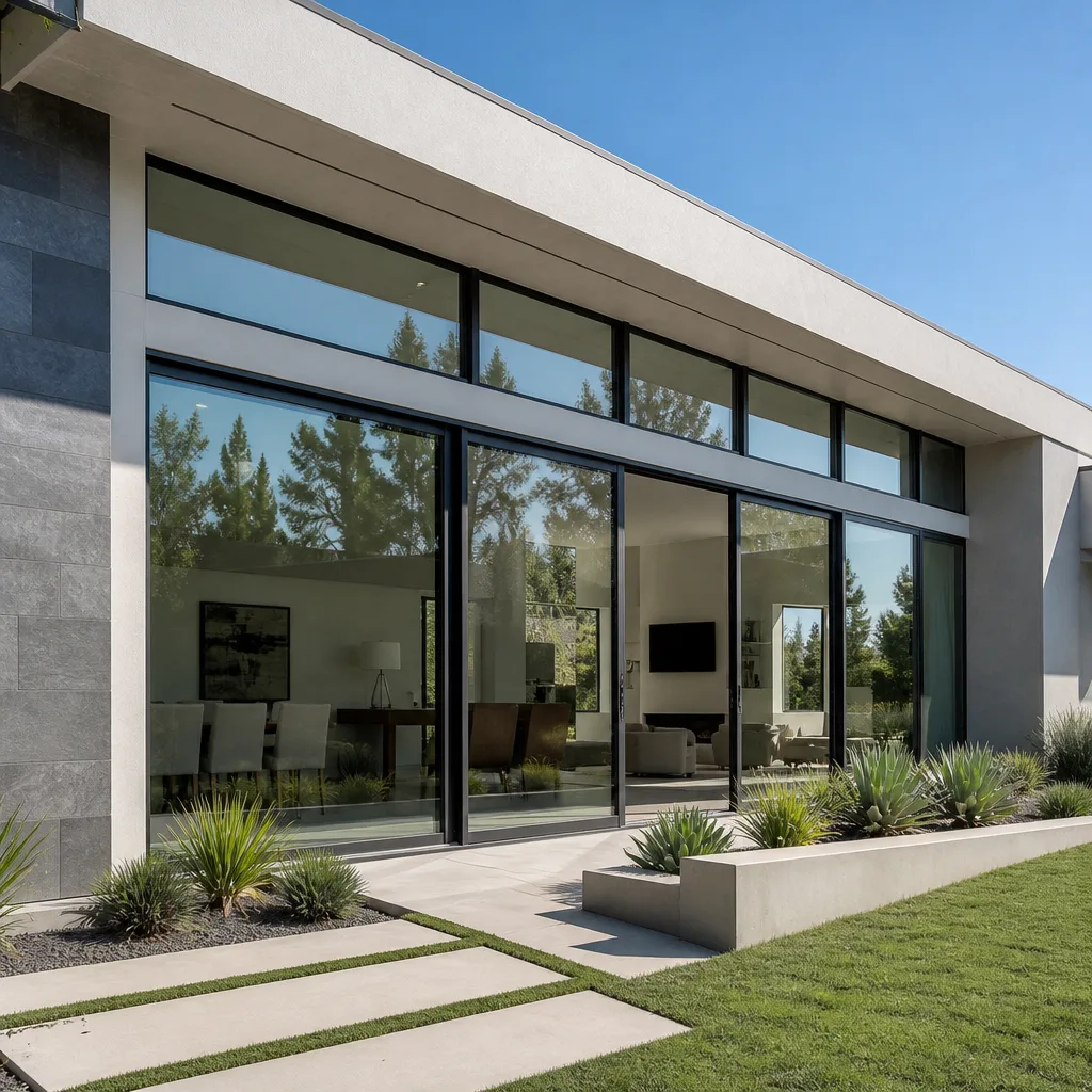 Modern floor-to-ceiling sliding glass patio doors installed in a luxury home