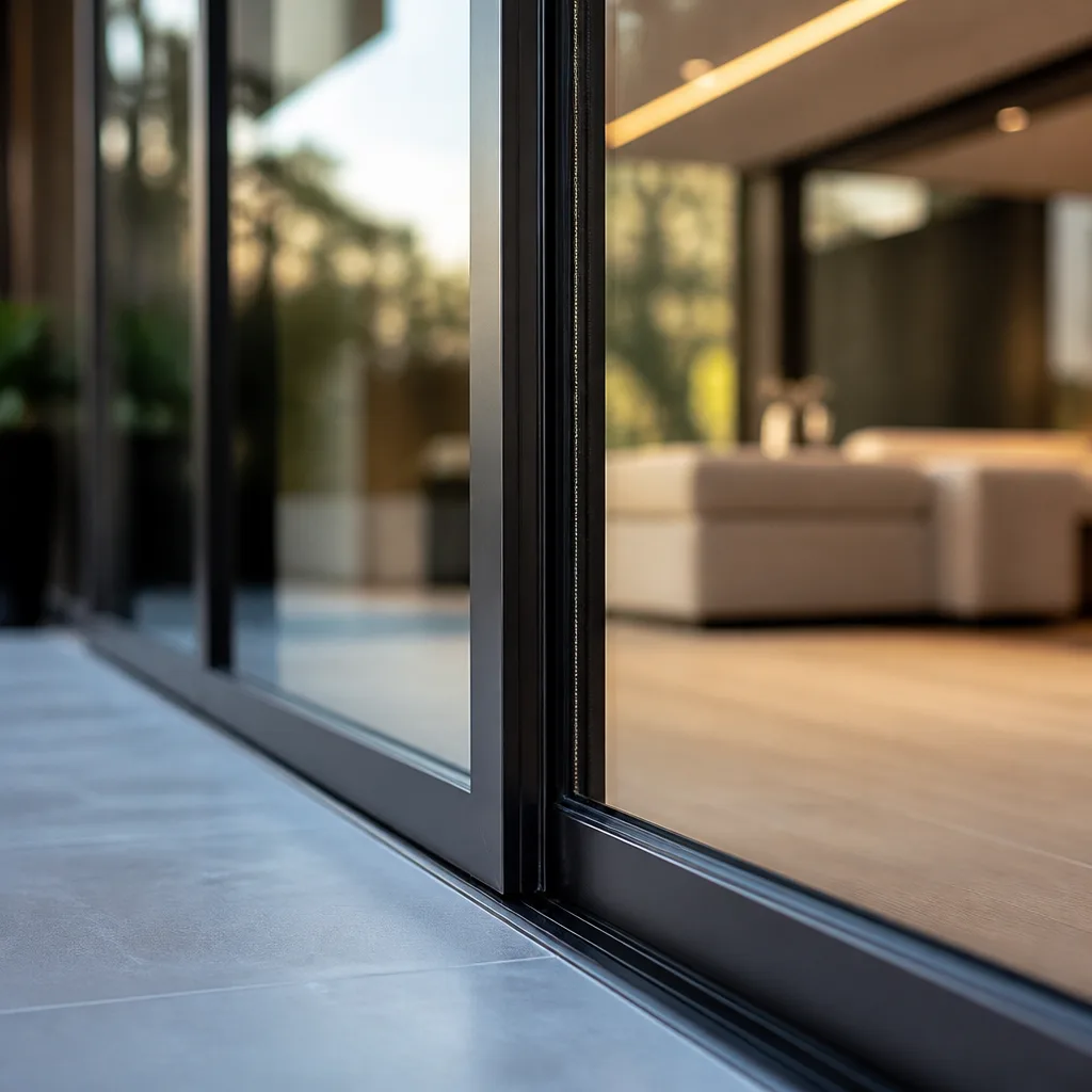Modern black frame sliding glass patio door installed in luxury home