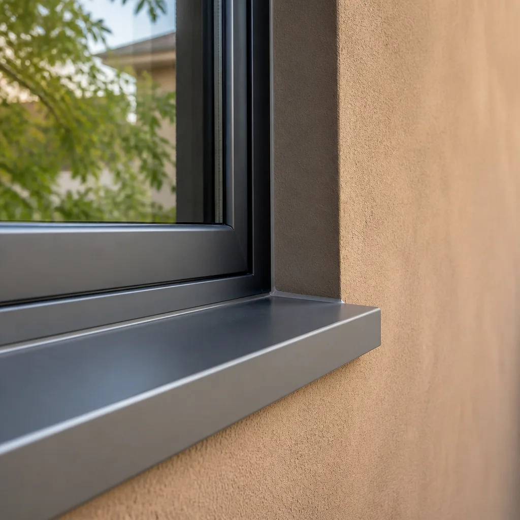 Modern dark grey aluminum window frame installation on textured stucco wall