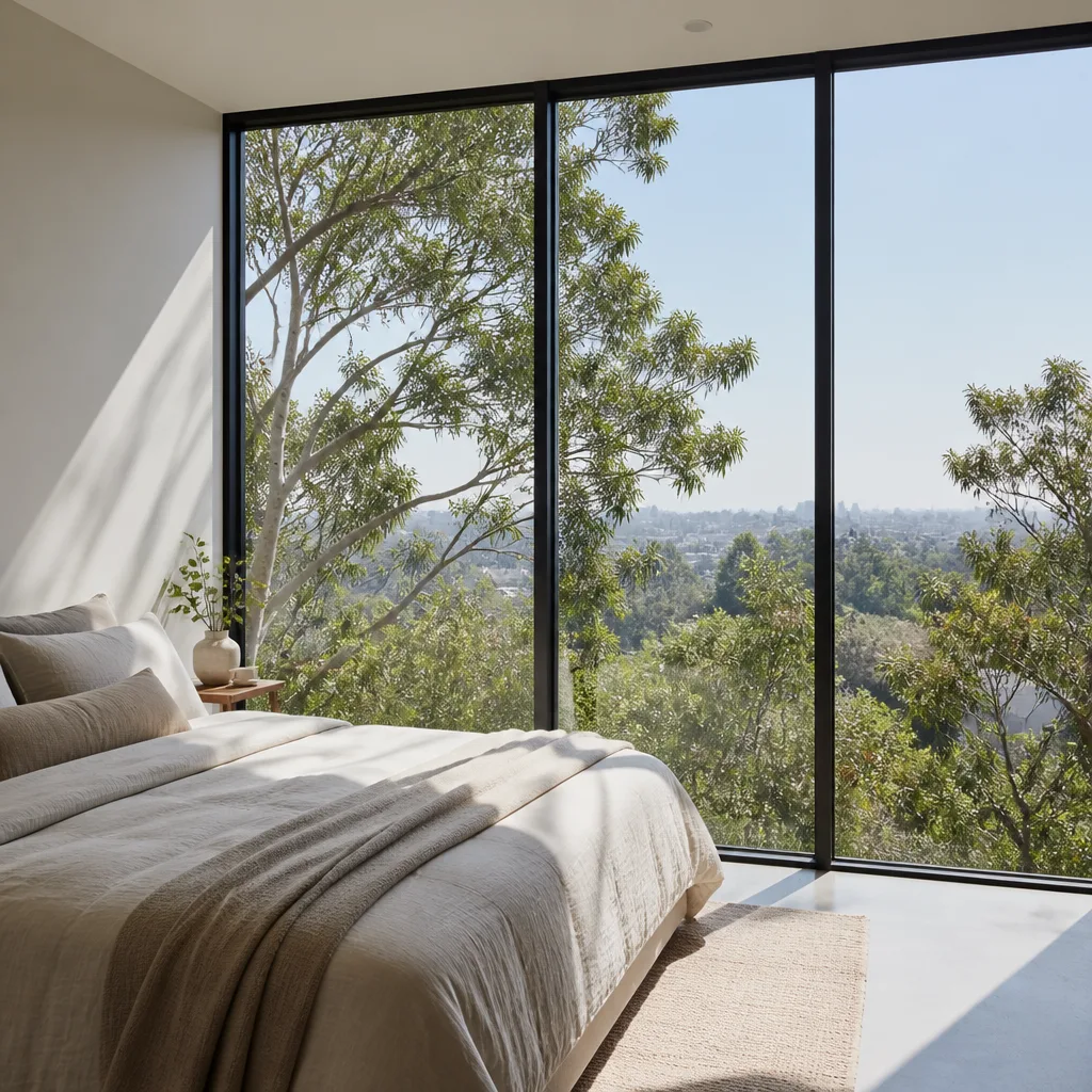 Modern floor-to-ceiling glass windows in a luxury bedroom